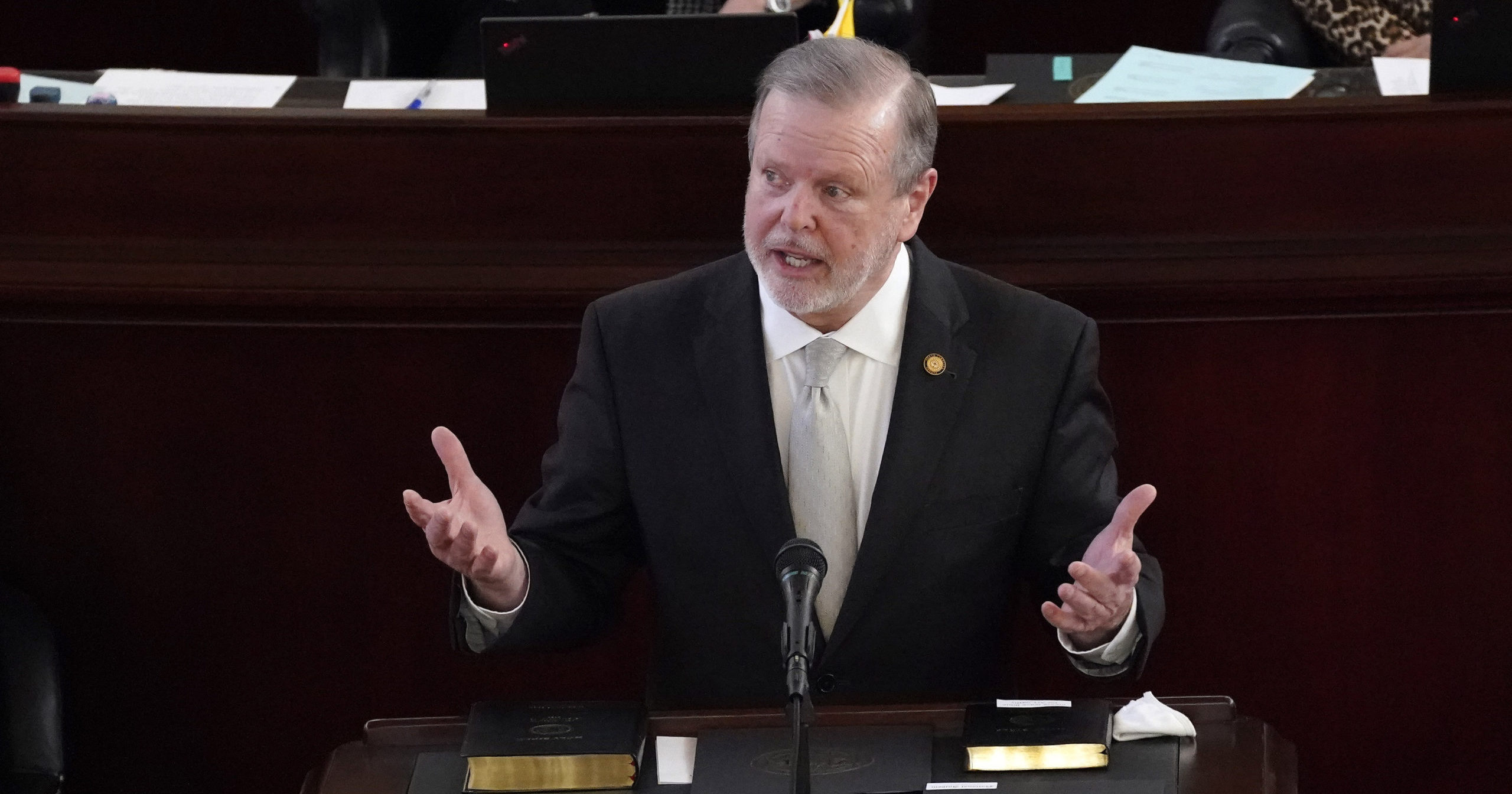 Republican state Sen. Phil Berger speaks after being sworn in during the opening session of the North Carolina General Assembly in Raleigh, North Carolina, on Jan. 13, 2021.