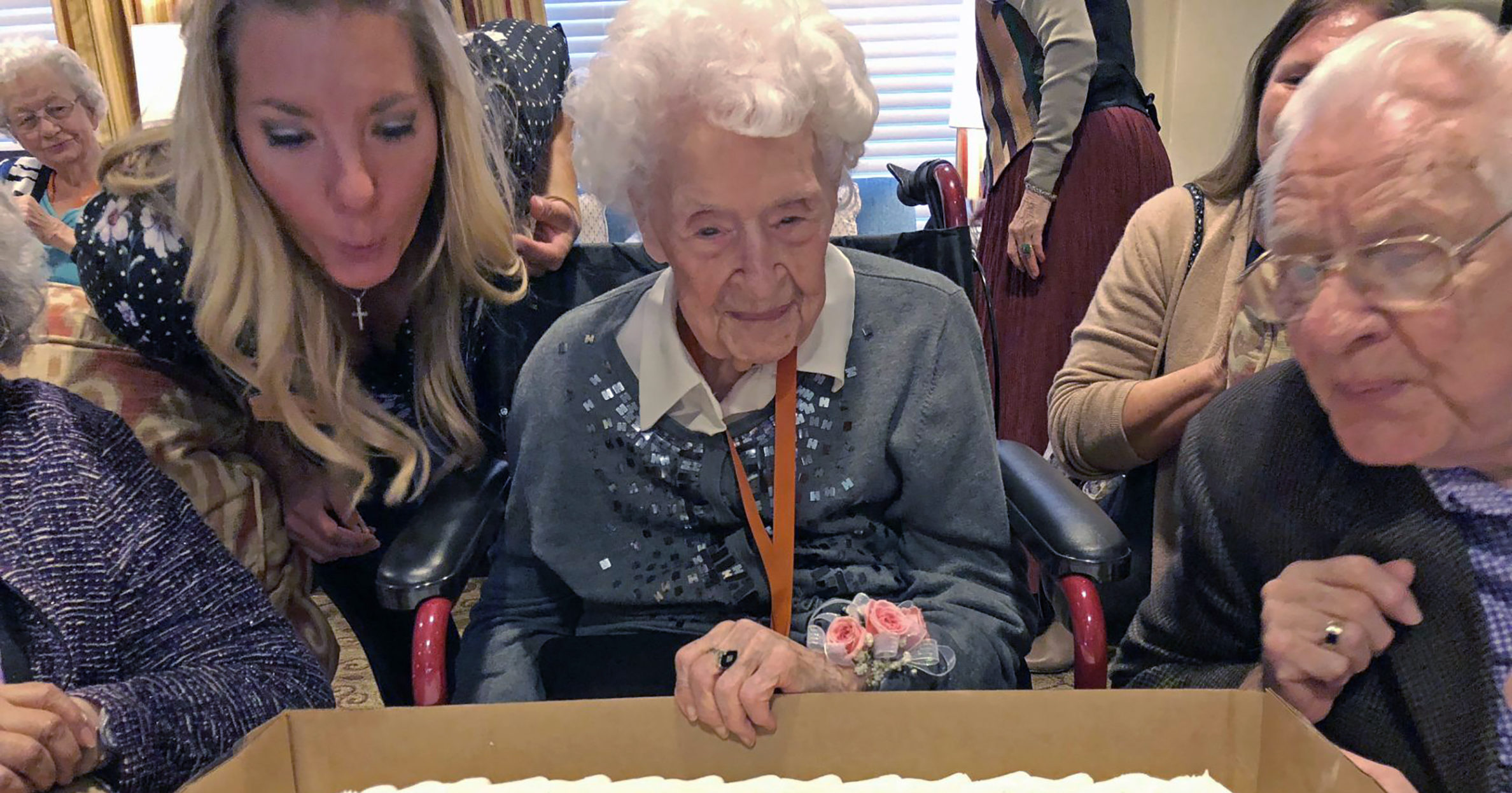 Thelma Sutcliffe is shown with a birthday cake in October 2019 in Omaha, Nebraska.