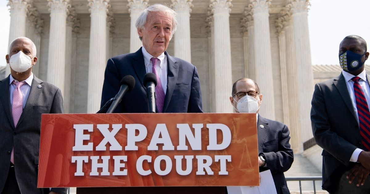 Democrats including (from left to right) Rep. Hank Johnson of Georgia, Sen. Ed Markey of Massachusetts and Reps. Jerrold Nadler and Mondaire Jones of New York introduce a bill in Congress to pack the Supreme Court in Washington, D.C., on Thursday.
