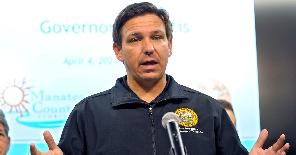 Florida Gov. Ron DeSantis speaks during a news conference at the Manatee County Emergency Management office in Palmetto, Florida, on April 4.