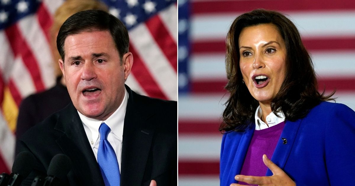 Republican Arizona Gov. Doug Ducey, left, and Democratic Michigan Gov. Gretchen Whitmer, right, have taken opposite approaches to government power during the COVID pandemic.