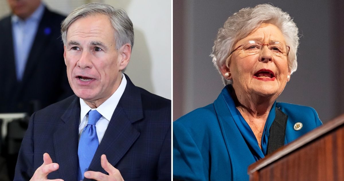 Republican Gov. Greg Abbott of Texas, left, and Republican Gov. Kay Ivey of Alabama, right, discussed their plans to move on from COVID-19 restrictions.