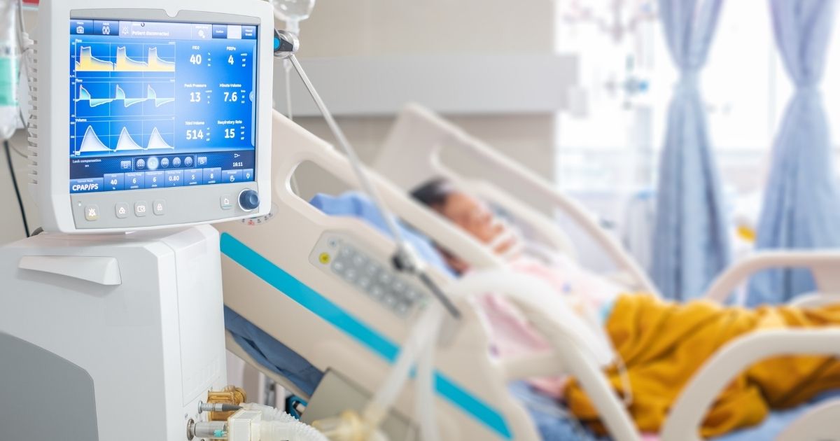 The above stock photo shows a ventilator monitor in an ICU Emergency room.