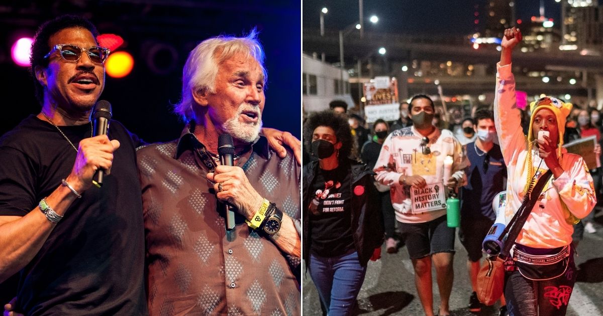 Lionel Richie, left, and Kenny Rogers are pictured together during a performance at the Bonnaroo Music and Arts Festival on June 10, 2012, in Manchester, Tennessee. At right, protesters march along the Hawthorne Bridge following the police shooting of a homeless man in Lents Park on Friday in Portland, Oregon.