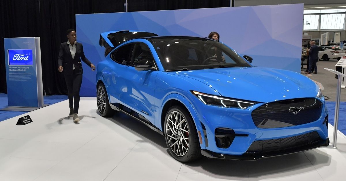 An electric Ford Mustang Mach-E is seen at the New England Auto Show Press Preview at the Boston Convention and Exhibition Center in Boston on Jan. 16, 2020.