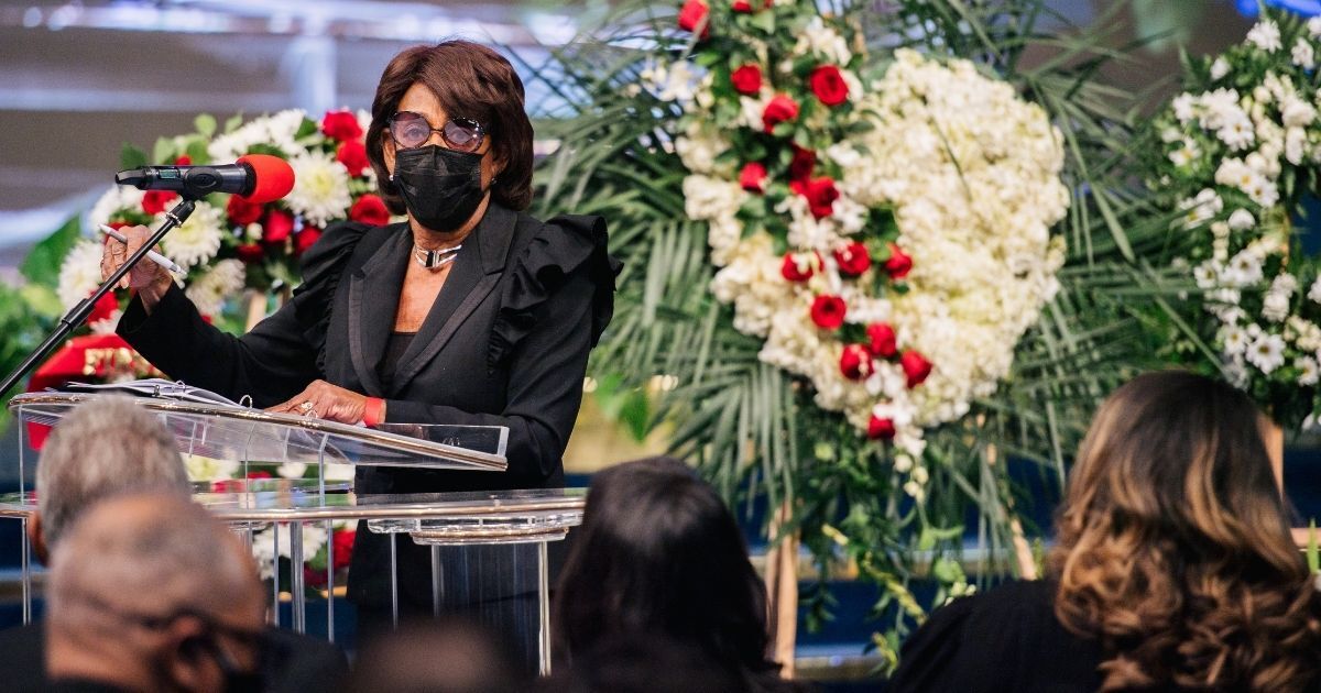 Democratic Rep. Maxine Waters of California speaks at the Rev. Dr. Frederick Price's memorial service on March 6, 2021, in Los Angeles.