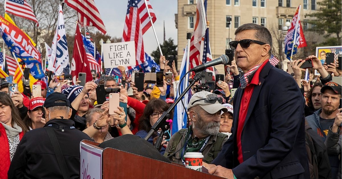 Former National Security Advisor Michael Flynn speaks during a protest of the outcome of the 2020 presidential election outside the Supreme Court on Dec. 12, 2020, in Washington, D.C.