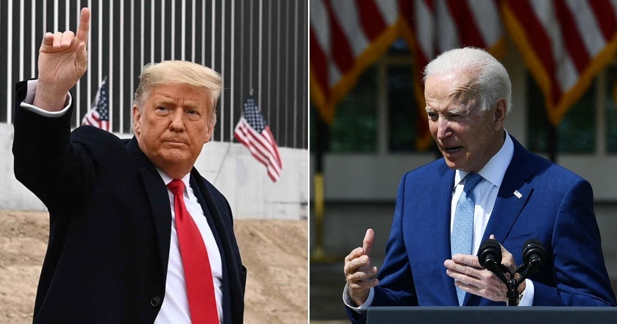 At left, then-President Donald Trump tours a section of the border wall in Alamo, Texas, on Jan. 12. At right, President Joe Biden speaks in the Rose Garden of the White House in Washington on April 8.