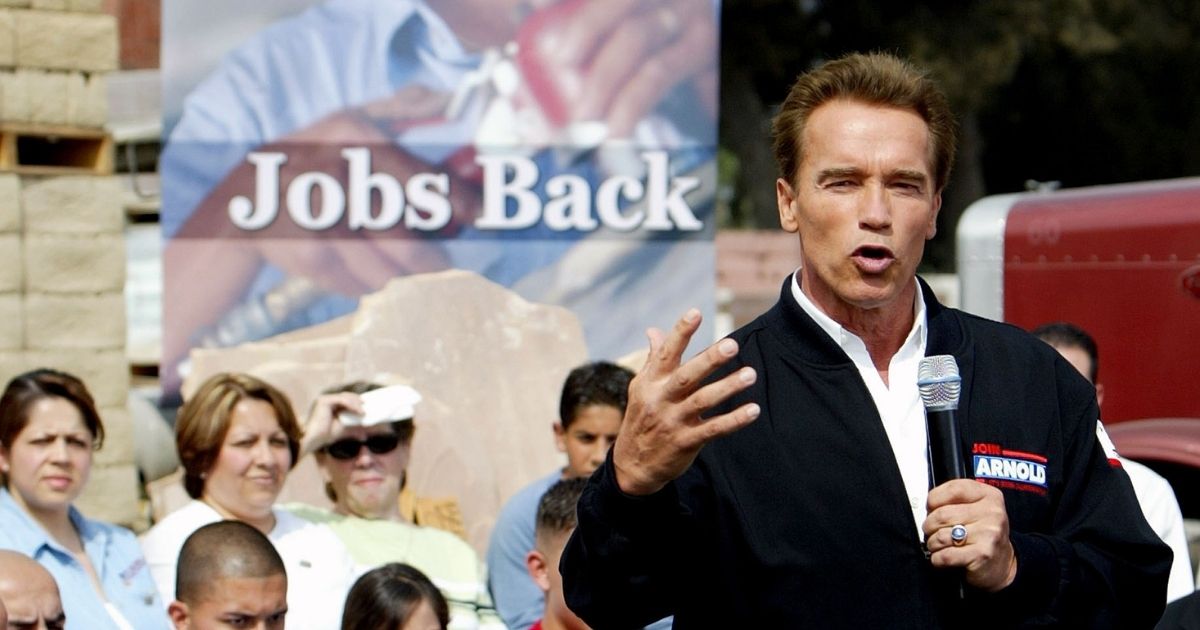 Former actor and bodybuilder Arnold Schwarzenegger campaigns for governor of California in a 2003 photo.