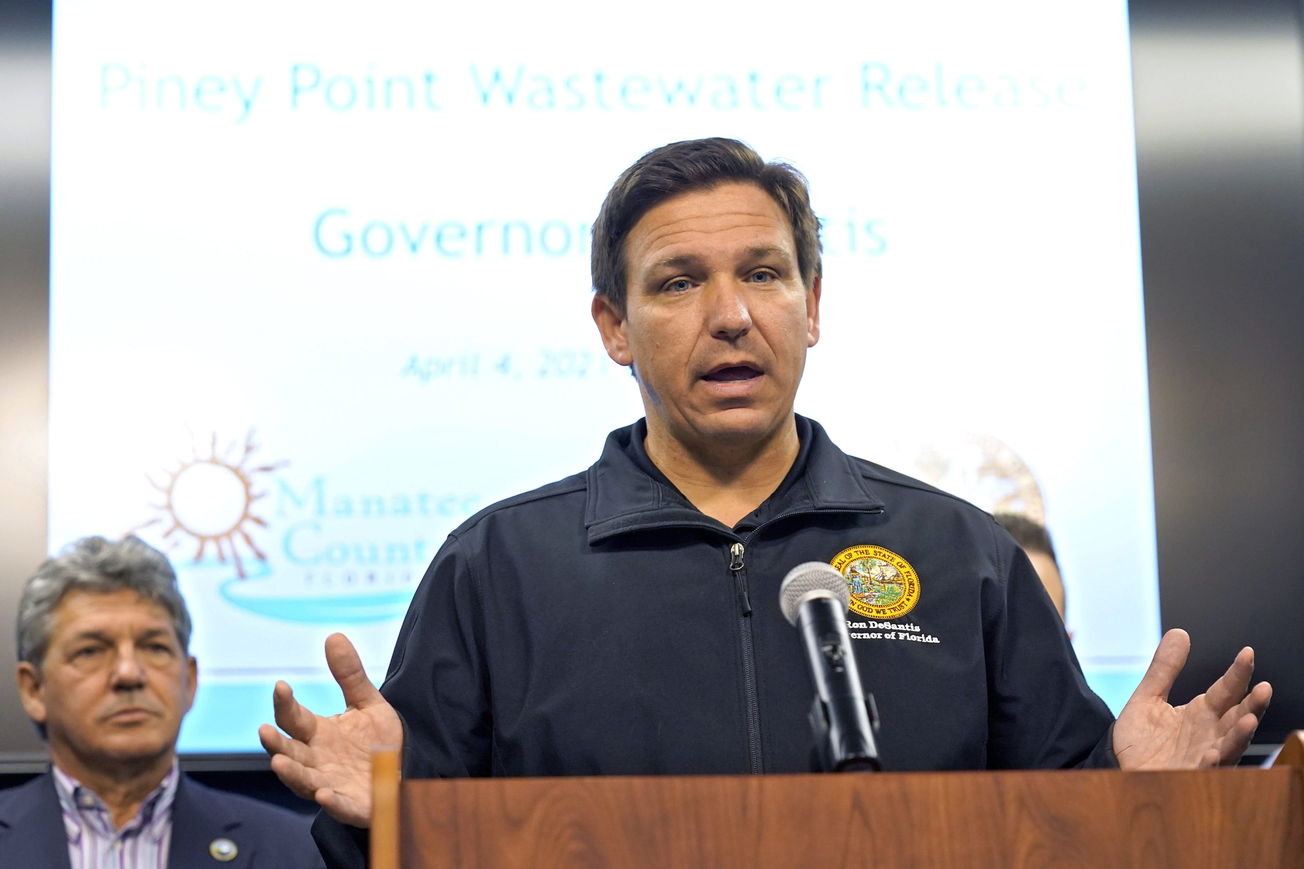 Florida Gov. Ron DeSantis gestures during an April 4 news conference at the Manatee County Emergency Management office in Palmetto, Florida.