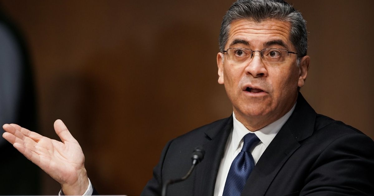 Xavier Becerra answers questions during his confirmation hearing before the Senate Finance Committee on Capitol Hill on Feb. 24, 2021, in Washington, D.C.