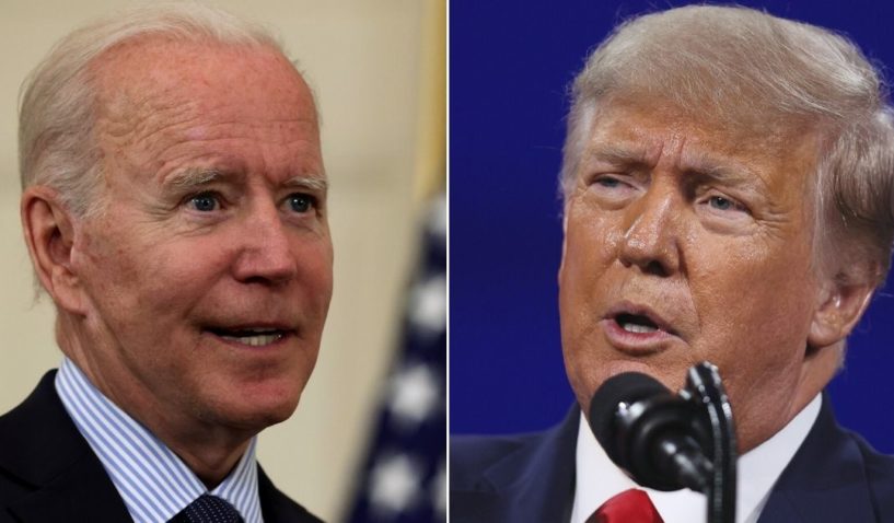 At left, President Joe Biden speaks in the State Dining Room of the White House in Washington on Tuesday. At right, former President Donald Trump addresses the Conservative Political Action Conference at the Hyatt Regency in Orlando, Florida, on Feb. 28.