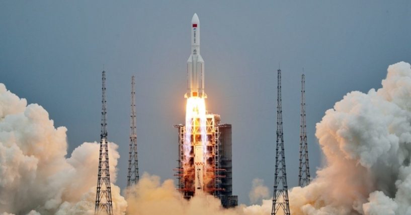 A Long March 5B heavy-lift rocket takes off from the Wenchang Space Launch Center in Hainan province, China, on April 29.