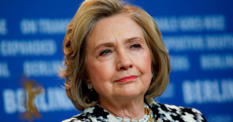 Hillary Clinton addresses a news conference for the film "Hillary" screened in the Berlinale Special category at the 70th Berlinale film festival on Feb. 25, 2020, in Berlin.