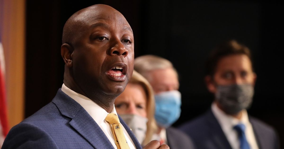 Republican Sen. Tim Scott of South Carolina is joined by fellow Republican lawmakers for a news conference to unveil the GOP's legislation to address racial disparities in law enforcement at the U.S. Capitol on June 17, 2020, in Washington, D.C.