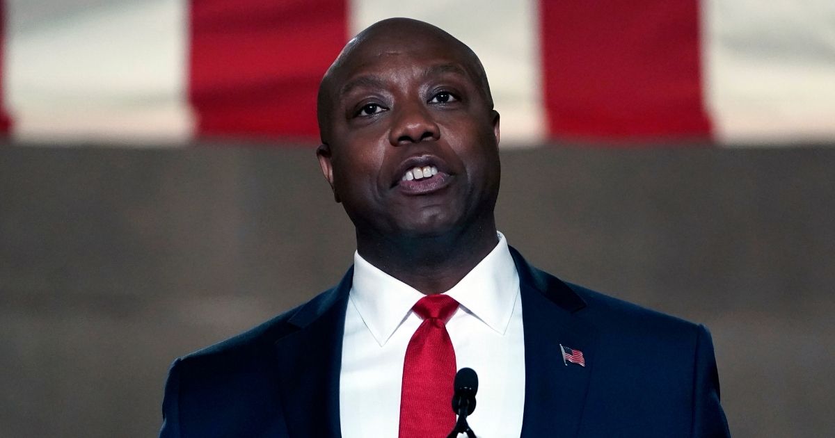 Republican Sen. Tim Scott of South Carolina speaks during the first night of the Republican National Convention from the Andrew W. Mellon Auditorium in Washington on Aug. 24, 2020.