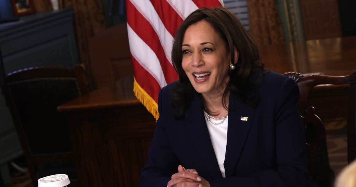 Vice President Kamala Harris conducts a virtual meeting on Monday with Guatemalan President Alejandro Giammattei in the Eisenhower Executive Office Building in Washington.