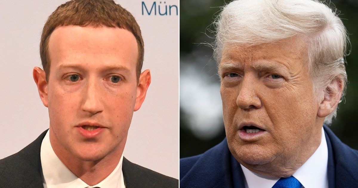 At left, Facebook founder and CEO Mark Zuckerberg speaks in Munich, Germany, on Feb. 15, 2020. At right, then-President Donald Trump talks to reporters outside of the White House in Washington on Oct. 27, 2020.