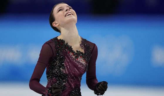 Anna Shcherbakova, of the Russian Olympic Committee, reacts after competing in the women's free skate program during the figure skating competition at the Beijing 2022 Winter Olympics on Thursday.