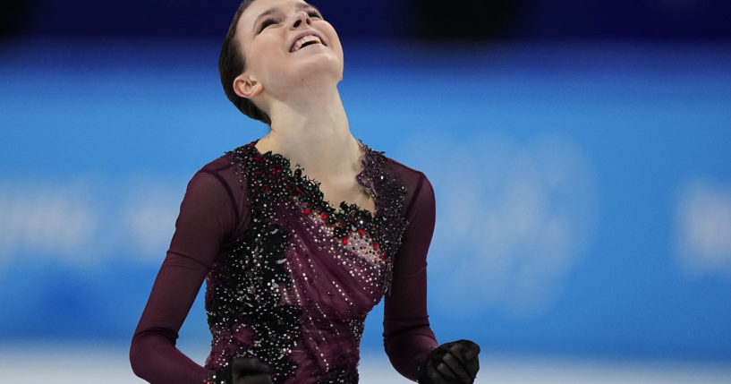 Anna Shcherbakova, of the Russian Olympic Committee, reacts after competing in the women's free skate program during the figure skating competition at the Beijing 2022 Winter Olympics on Thursday.