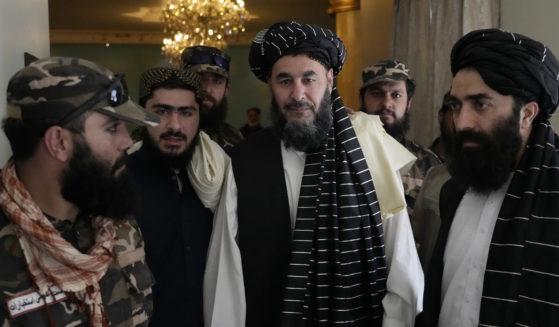 On Monday, Bashir Noorzai, center right, speaks at the Intercontinental Hotel in Kabul, Afghanistan, after being released from a U.S. prison - where he was detained for over 17 years - as a part of a prisoner exchange with the Taliban.