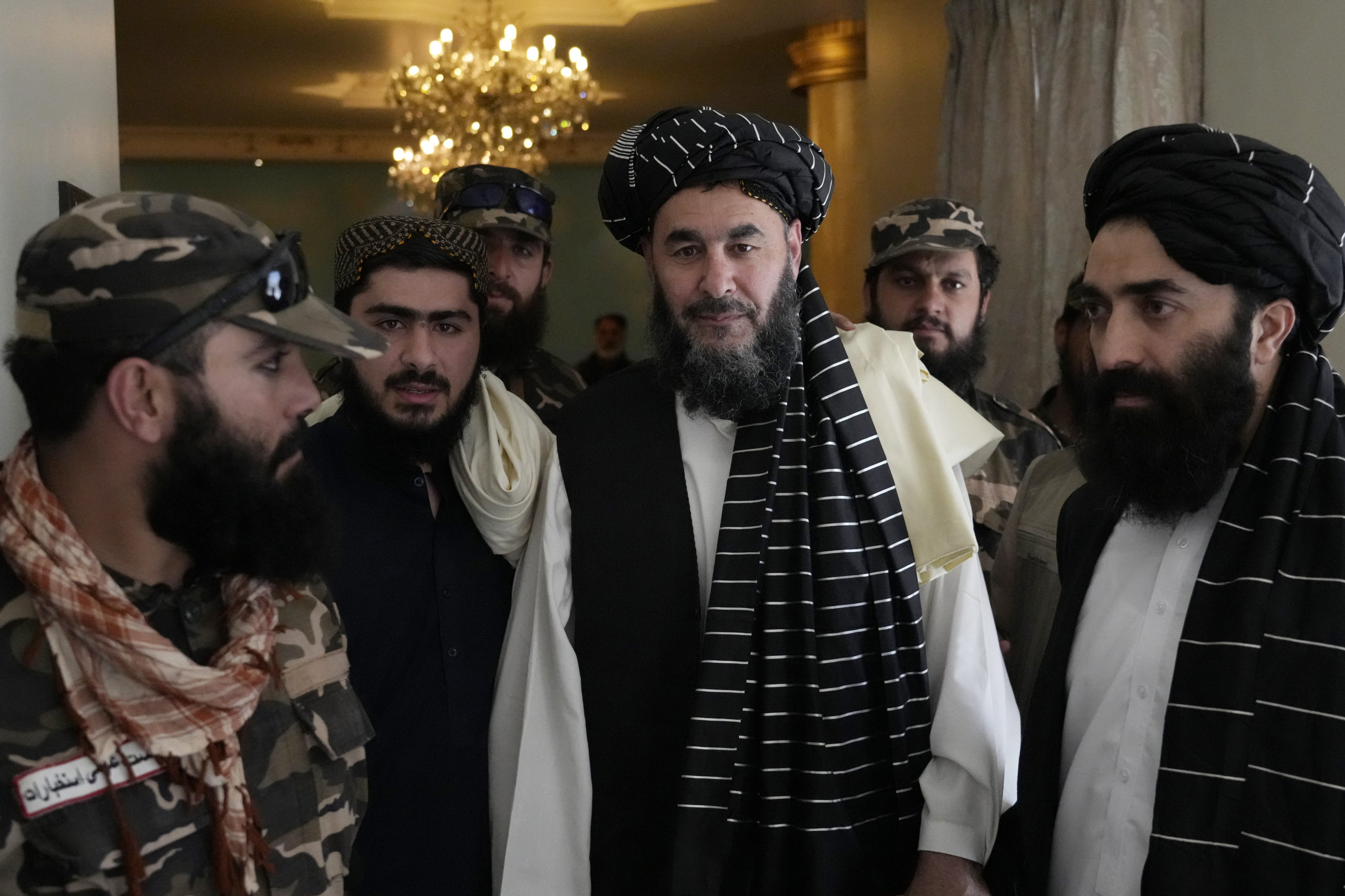 On Monday, Bashir Noorzai, center right, speaks at the Intercontinental Hotel in Kabul, Afghanistan, after being released from a U.S. prison - where he was detained for over 17 years - as a part of a prisoner exchange with the Taliban.