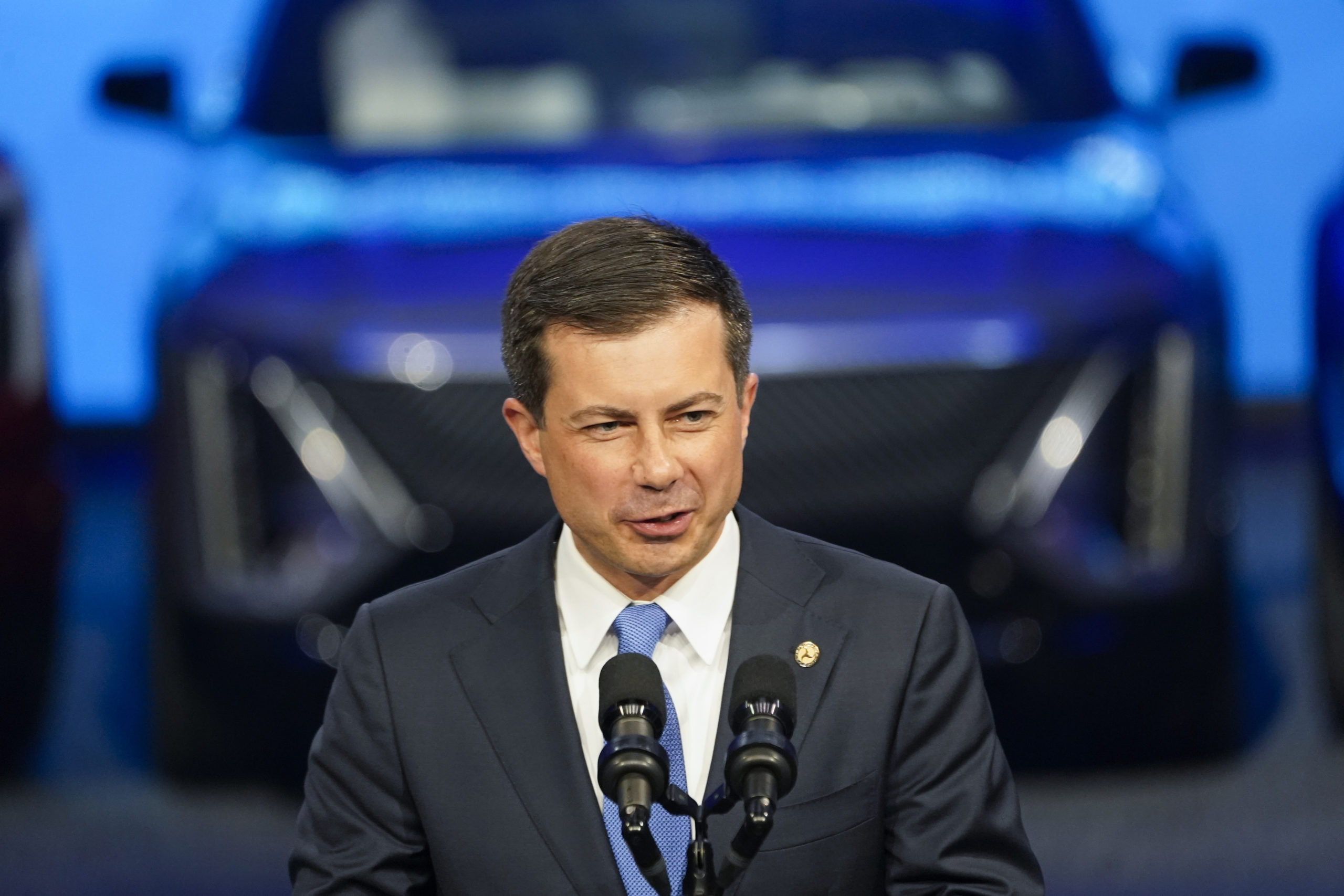 Secretary of Transportation Pete Buttigieg speaks during the North American International Auto Show in Detroit, Michigan, on Sept. 14.