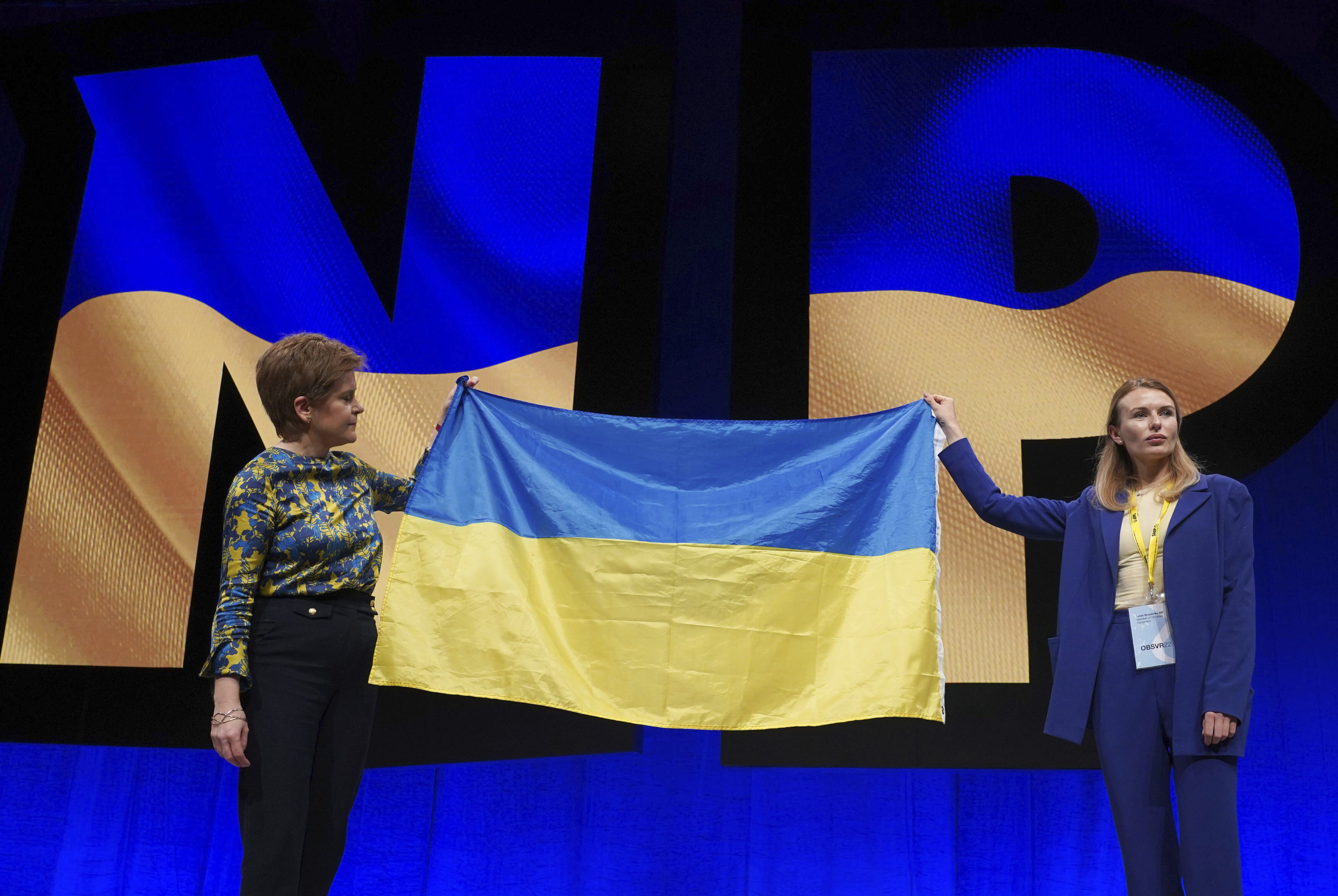 First Minister Nicola Sturgeon, left, on stage alongside Lesia Vasylenko, right, Ukrainian Member of Parliament after speaking during the SNP conference at the Event Complex Aberdeen in Aberdeen, Scotland, on Saturday.