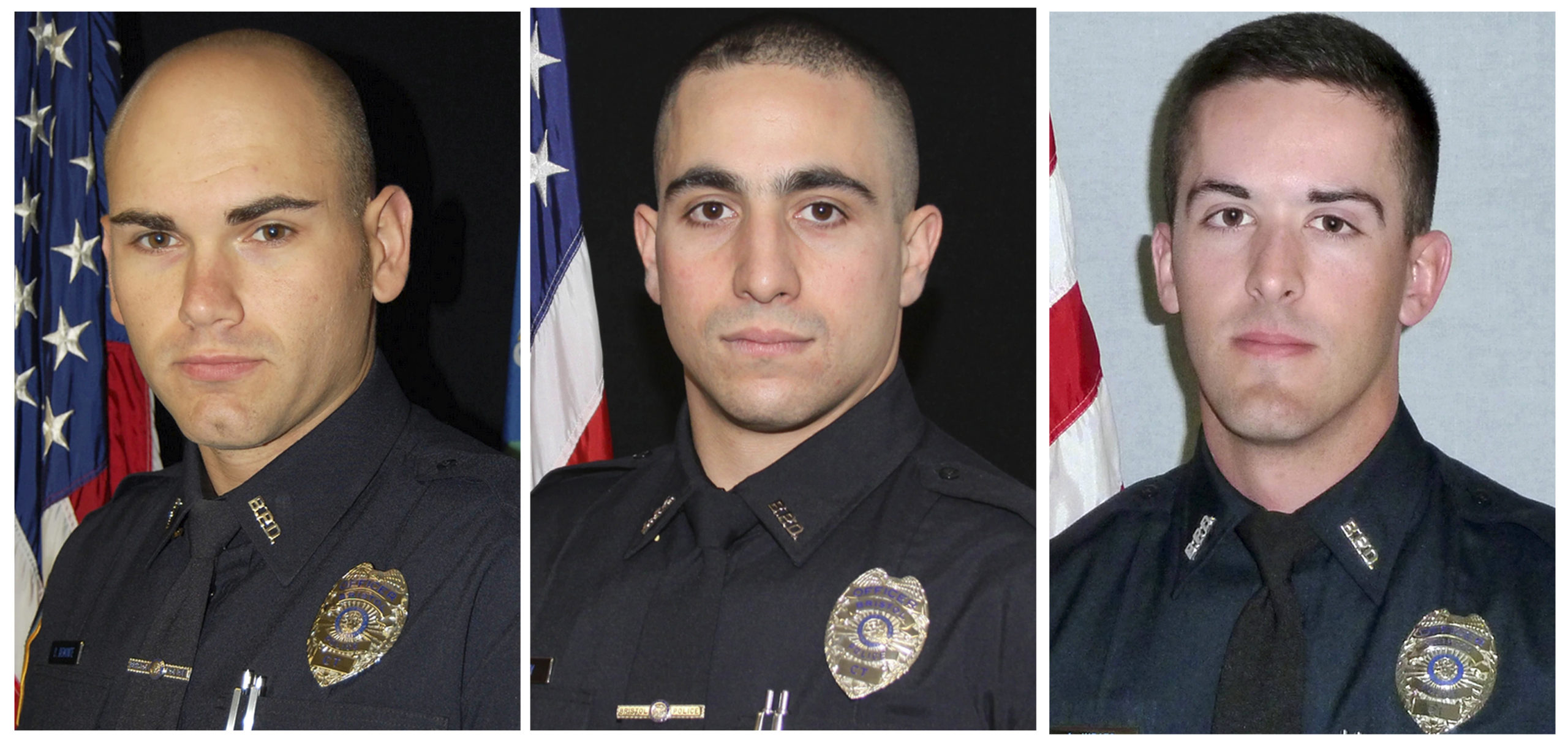 Sgt. Dustin Demonte, left, Officer Alex Hamzy, center, and Officer Alec Iurato were reportedly ambushed while responding to a 911 call Thursday. Iurato was hit by a bullet but returned fire and killed the suspect Demonte and Hamzy were killed in the attack.