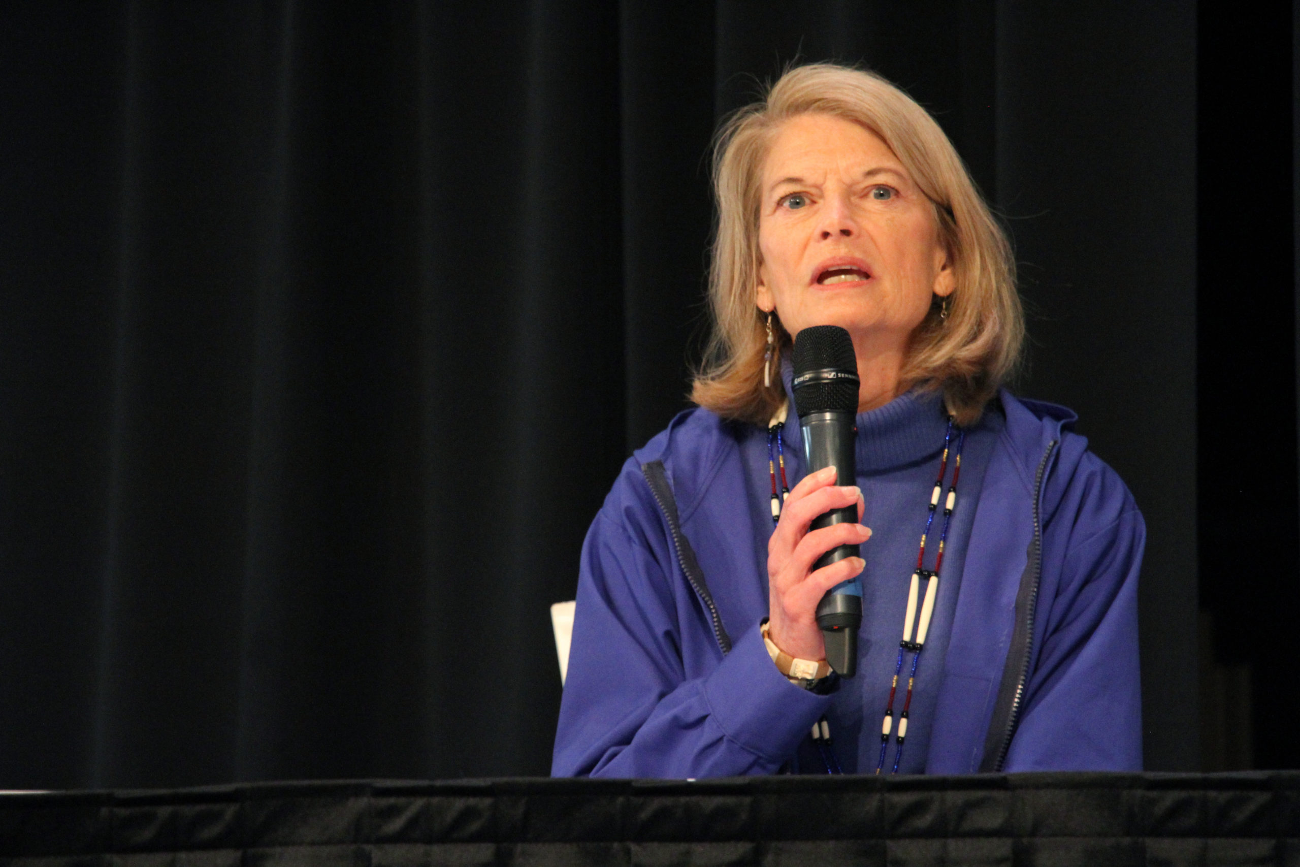 U.S. Sen. Lisa Murkowski, a Republican seeking re-election, answers a question during a candidate forum in Anchorage, Alaska.