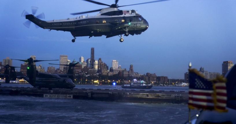 President Joe Biden, aboard Marine One, gets set to arrive at the Wall Street Landing Zone in New York City on Thursday to attend a Democratic Senatorial Campaign Committee reception.