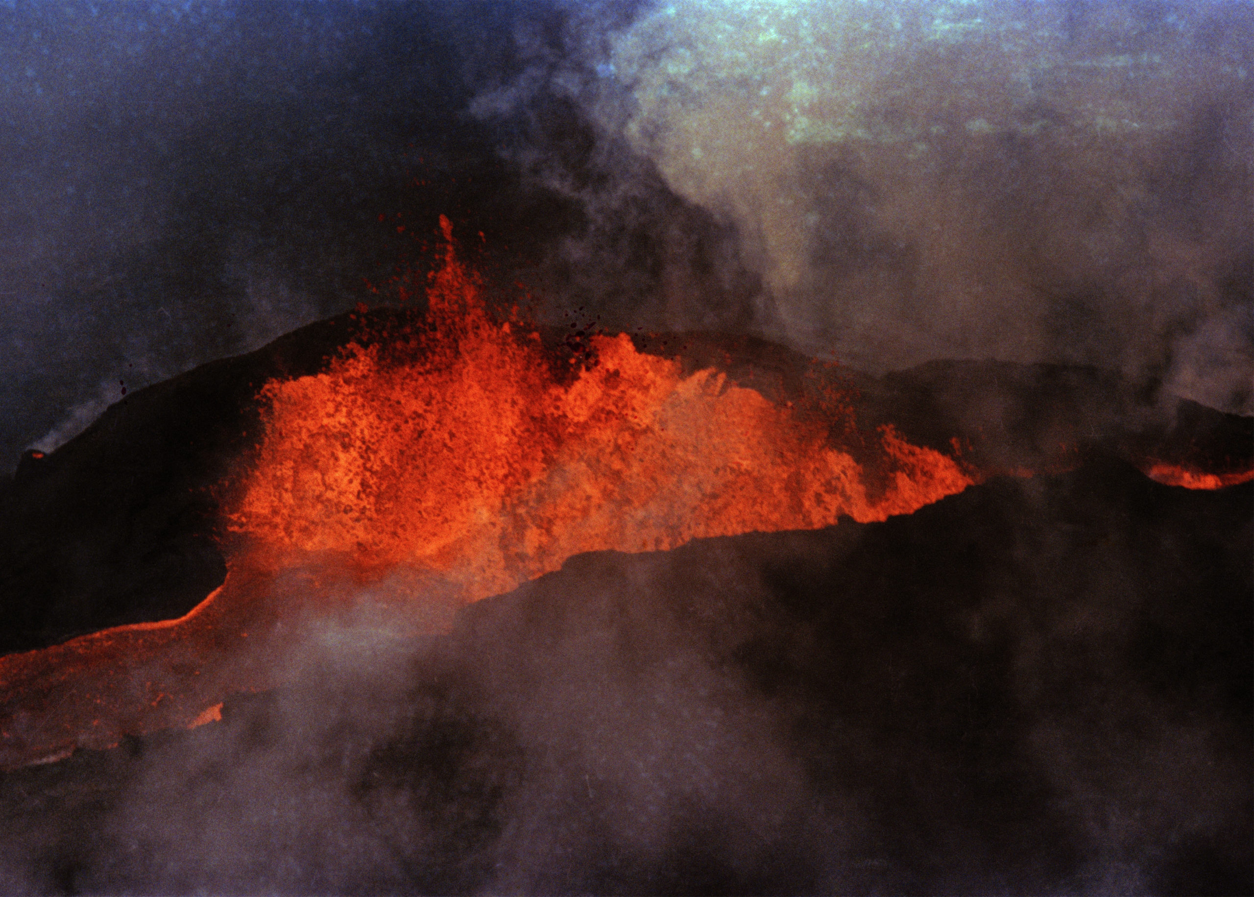 Molten rock flows from Mauna Loa on March 28, 1984, near Hilo, Hawaii. The volcano most recently erupted that year and has erupted 33 times since 1843.