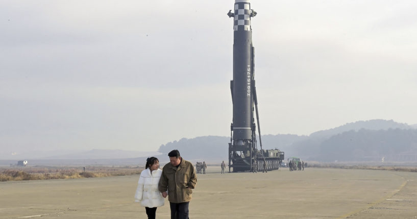 On Friday, North Korea's leader Kim Jong Un, right, was seen at a missile launch site in Pyongyang, North Korea, with his daughter, left.