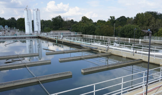 Clouds are reflected off the City of Jackson's O.B. Curtis Water Treatment Facility's sedimentation basins in Ridgeland, Mississippi, on Sept. 2.