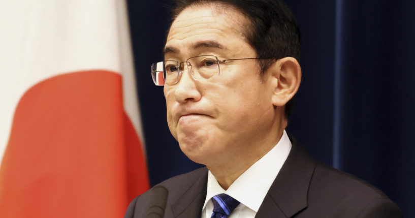 Japanese Prime Minister Fumio Kishida pauses as he speaks to media members at his official residence in Tokyo on Saturday.