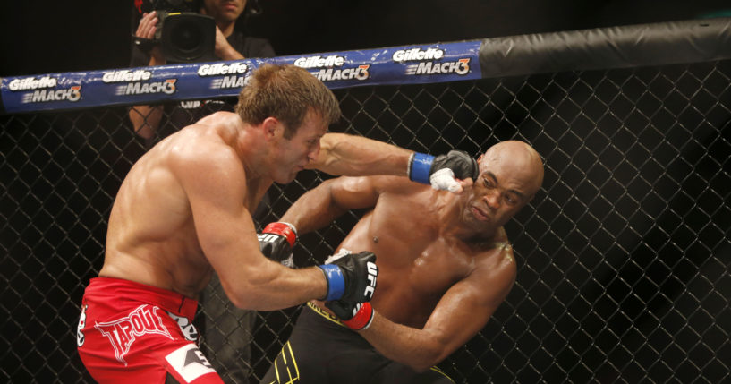 Anderson Silva, right, of Brazil, fights Stephan Bonnar, of the United States, during their light heavyweight mixed martial arts bout at the Ultimate Fighting Championship (UFC) 153 in Rio de Janeiro, Oct. 14, 2012.