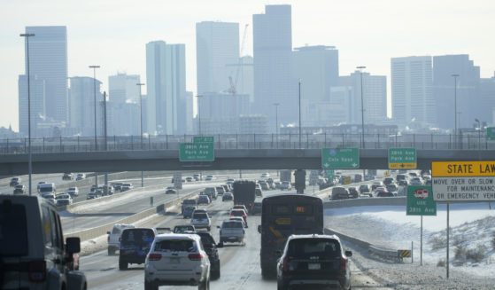 The downtown Denver, Colorado, skyline is pictured after a winter storm on Friday.