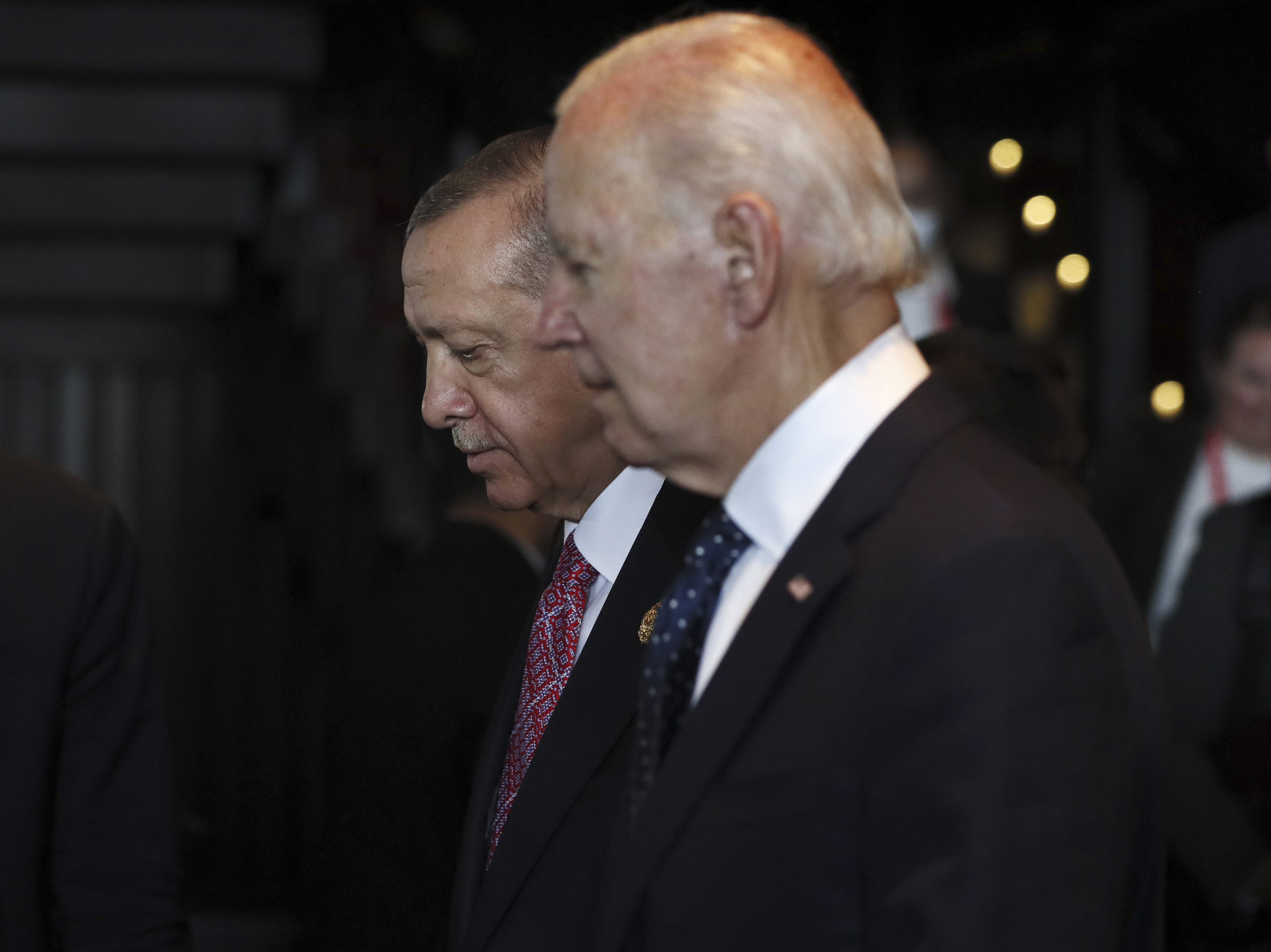 Turkish President Recep Tayyip Erdogan, left, walks with U.S. President Joe Biden, right, during the G20 leaders' summit in Bali, Indonesia, on Nov. 15.