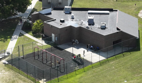 An aerial image taken with a drone shows Cumberland Hospital for Children and Adolescents in Richmond, Virginia. A grand jury indicted a former longtime employee of the hospital on sexual abuse charges.