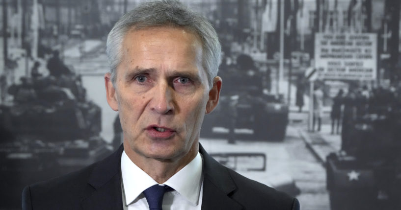 NATO Secretary General Jens Stoltenberg gives a statement at the "Berlin Wall Museum" in Berlin, Germany, on Thursday.