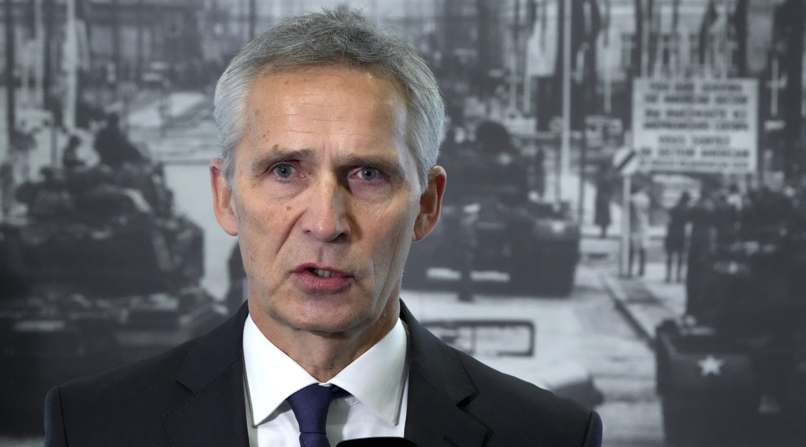 NATO Secretary General Jens Stoltenberg gives a statement at the "Berlin Wall Museum" in Berlin, Germany, on Thursday.