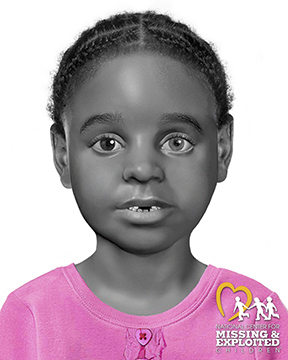 This image shows a facial reconstruction of "Baby Jane Doe" created by a forensic artist at the National Center for Missing & Exploited Children. The remains of the child were found in a trailer park in Opelika, Alabama, in 2012.