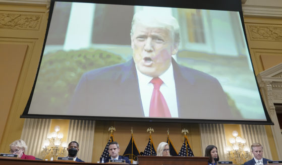 A video of former President Donald Trump speaking on Jan. 6, 2021, plays as the House select committee investigating the Jan. 6 incursion on the U.S. Capitol holds a hearing at the Capitol in Washington, D.C., on July 21.