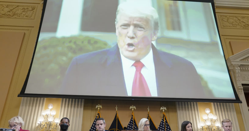 A video of former President Donald Trump speaking on Jan. 6, 2021, plays as the House select committee investigating the Jan. 6 incursion on the U.S. Capitol holds a hearing at the Capitol in Washington, D.C., on July 21.