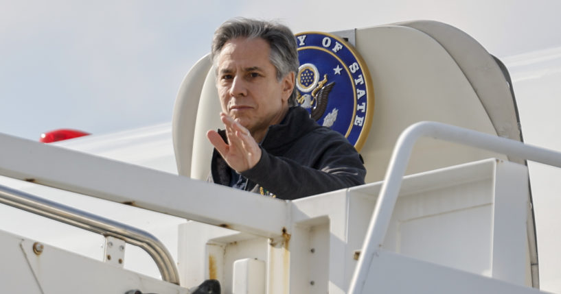 U.S. Secretary of State Antony Blinken arrives at Incirlik Air Base in Turkey on Sunday.