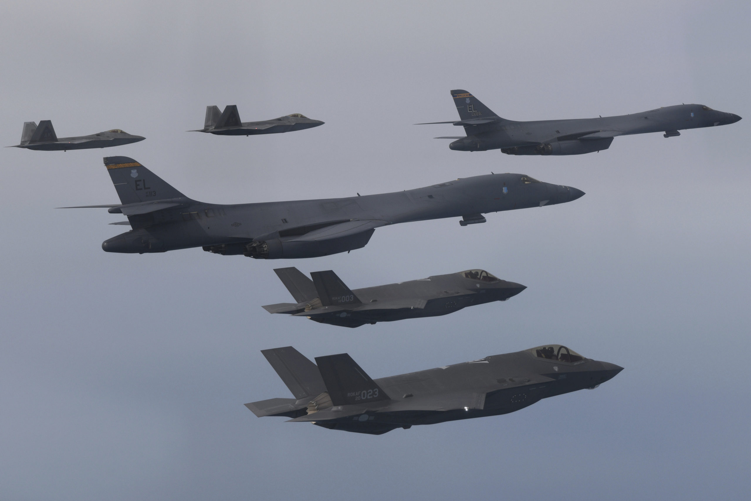 A file photo shows U.S. Air Force B-1B bombers, center, F-22 fighter jets and South Korean Air Force F-35 fighter jets, bottom, flying over the South Korea Peninsula during a joint air drill in South Korea, on Jan. 1. South Korea and the U.S. will hold a table-top exercise at the Pentagon next week to hone their joint response to a potential use of nuclear weapons by North Korea, Seoul officials said Friday.