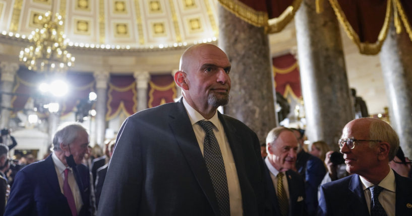 Democratic Sen. John Fetterman of Pennsylvania arrives for President Joe Biden's State of the Union address at the Capitol in Washington on Tuesday.