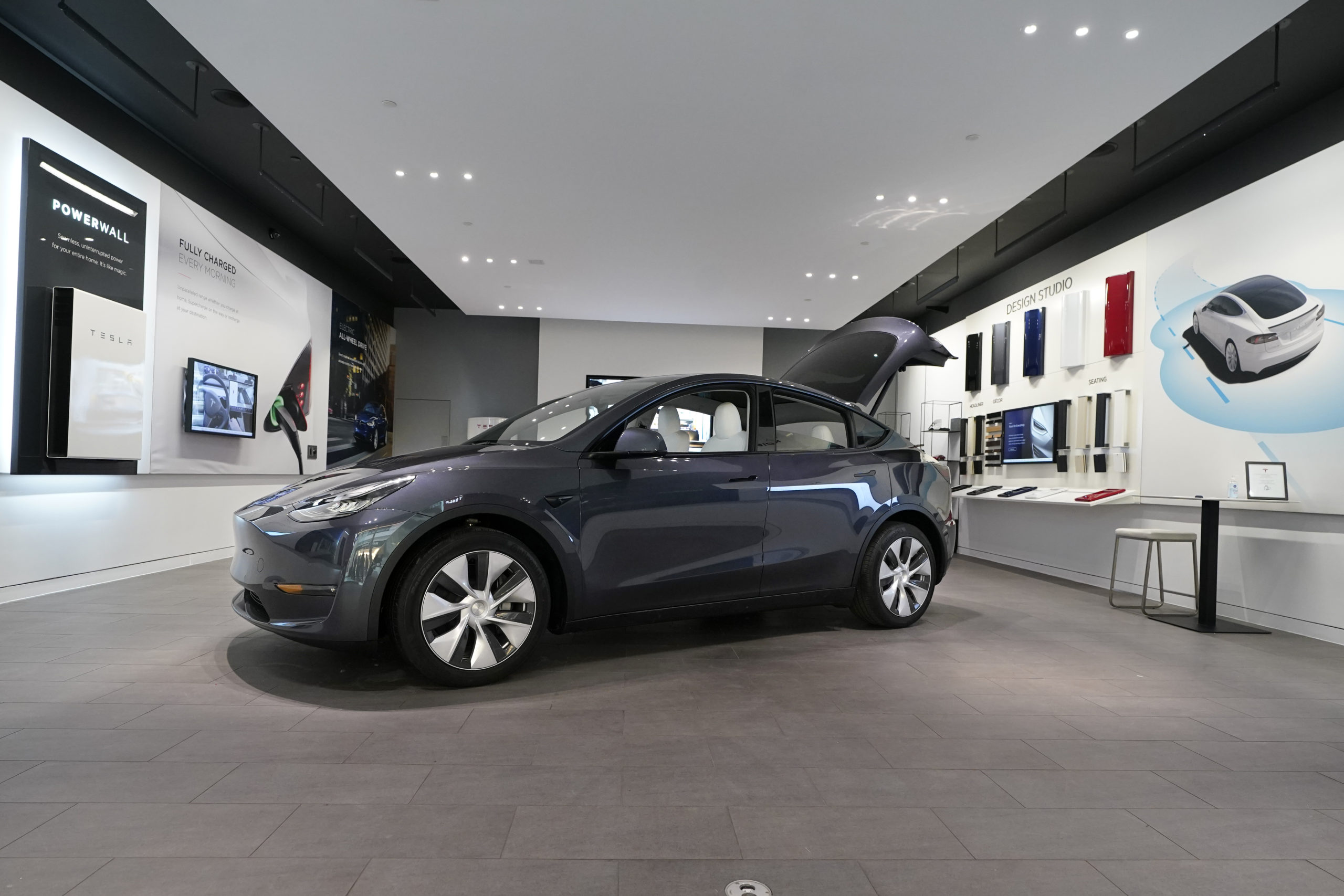 A Tesla Model Y is displayed at a Tesla gallery in Troy, Michigan, on Feb. 24, 2021.