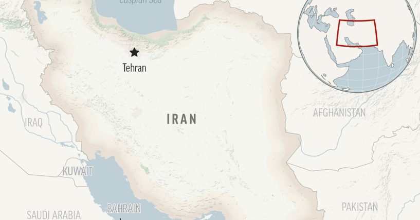 A locator map shows the country of Iran and its capital Tehran.