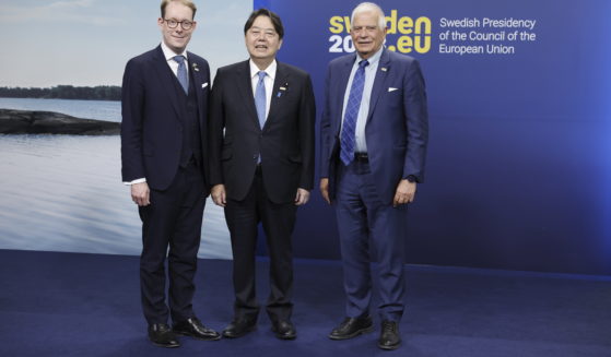 Japan's Foreign Minister, Yoshimasa Hayashi, center, poses with Swedish Foreign Minister Tobias Billstrom, left, and Josep Borrell, the European Union High Representative for Foreign Affairs and Security Policy, during a meeting of European and Indo-Pacific foreign ministers in Sweden on Saturday.